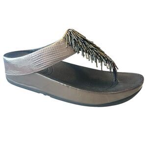 Fitflop Cha Cha Nimbus Silver Metallic leather fringe beaded thong sandals  8.5